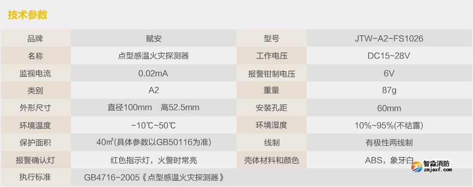 賦安JTW-A2-FS1026點型感溫火災探測器 技術(shù)參數(shù)