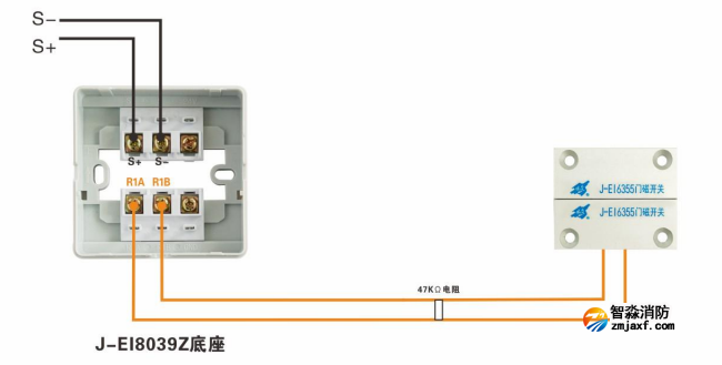 J-EI8030/N單輸入模塊接門磁開關(guān)接線圖（常閉式防火門）